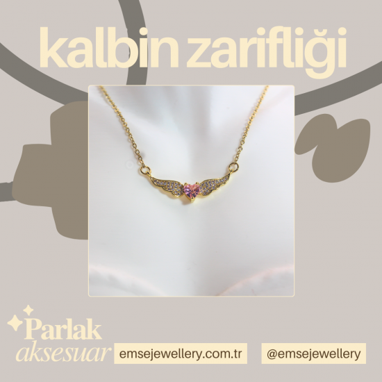 Altın Kanatlı Kalp Kolye